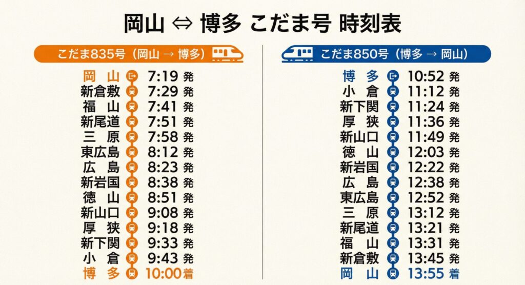 岡山ー博多のワンピース新幹線時刻表