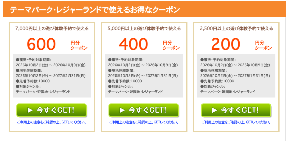 じゃらん遊び・体験予約のテーマパーク・レジャーランド用クーポン(600円/400円/200円)の配布画面