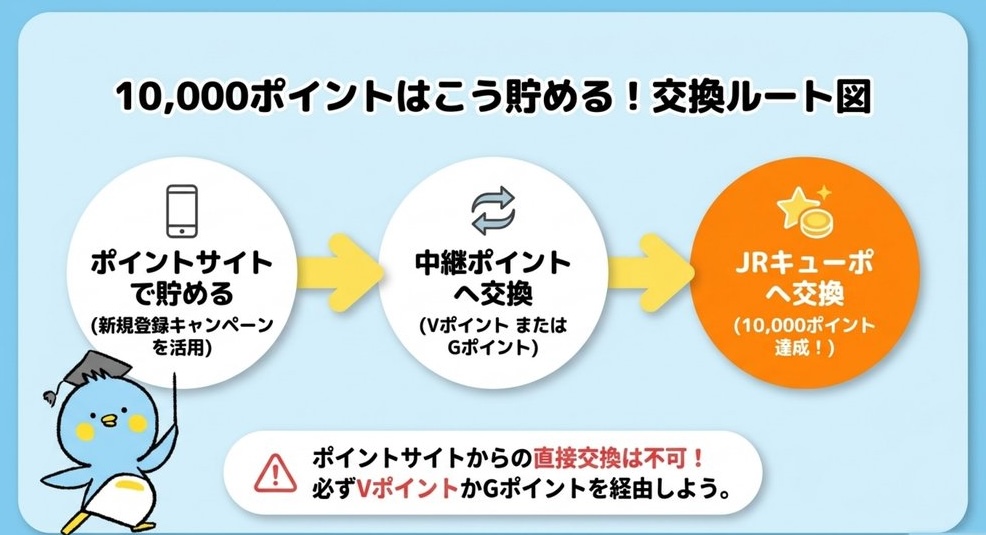 JRキューポ10,000ポイントの貯め方|ポイントサイトからVポイントかGポイント経由でJRキューポへ交換